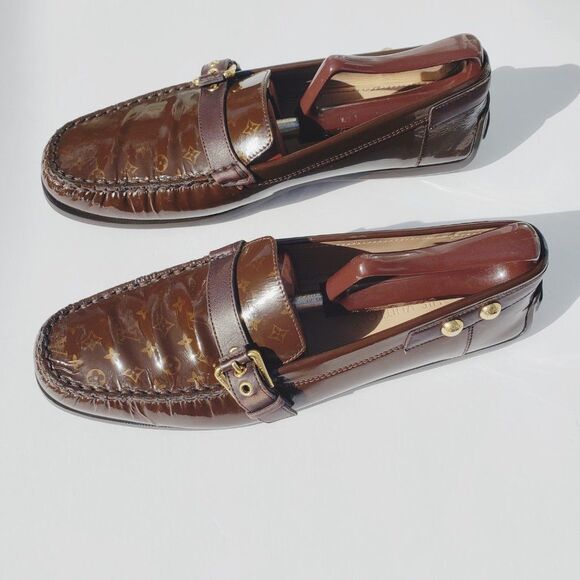 Louis Vuitton Brown Mini Lin Monogram Patent Loafers Size 41 - Picture 1 of 16